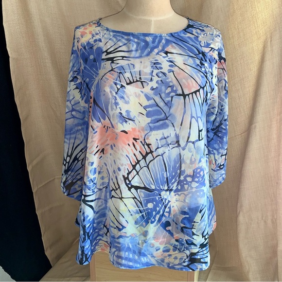 🗣️CHICO'S Periwinkle Blue White & Peach Sheer Blouse size S/M - Picture 1 of 6